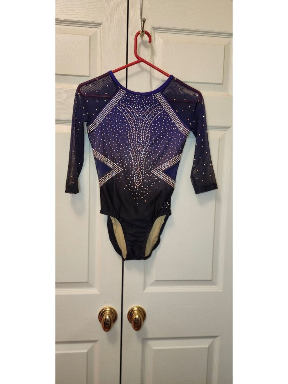 Women Ozone Purple Black Rhinestone Mesh Long Sleeve Leotard Size AM
